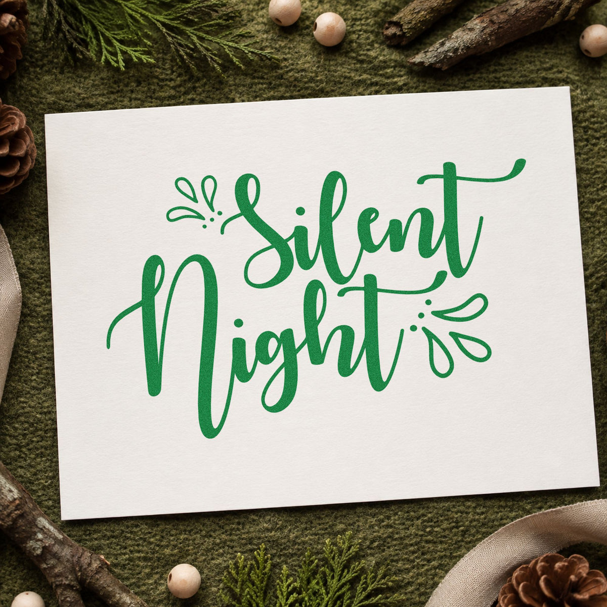 Silent Night Leaf Accents craft stamp imprint in green ink on a handmade project, one idea being book club cards.