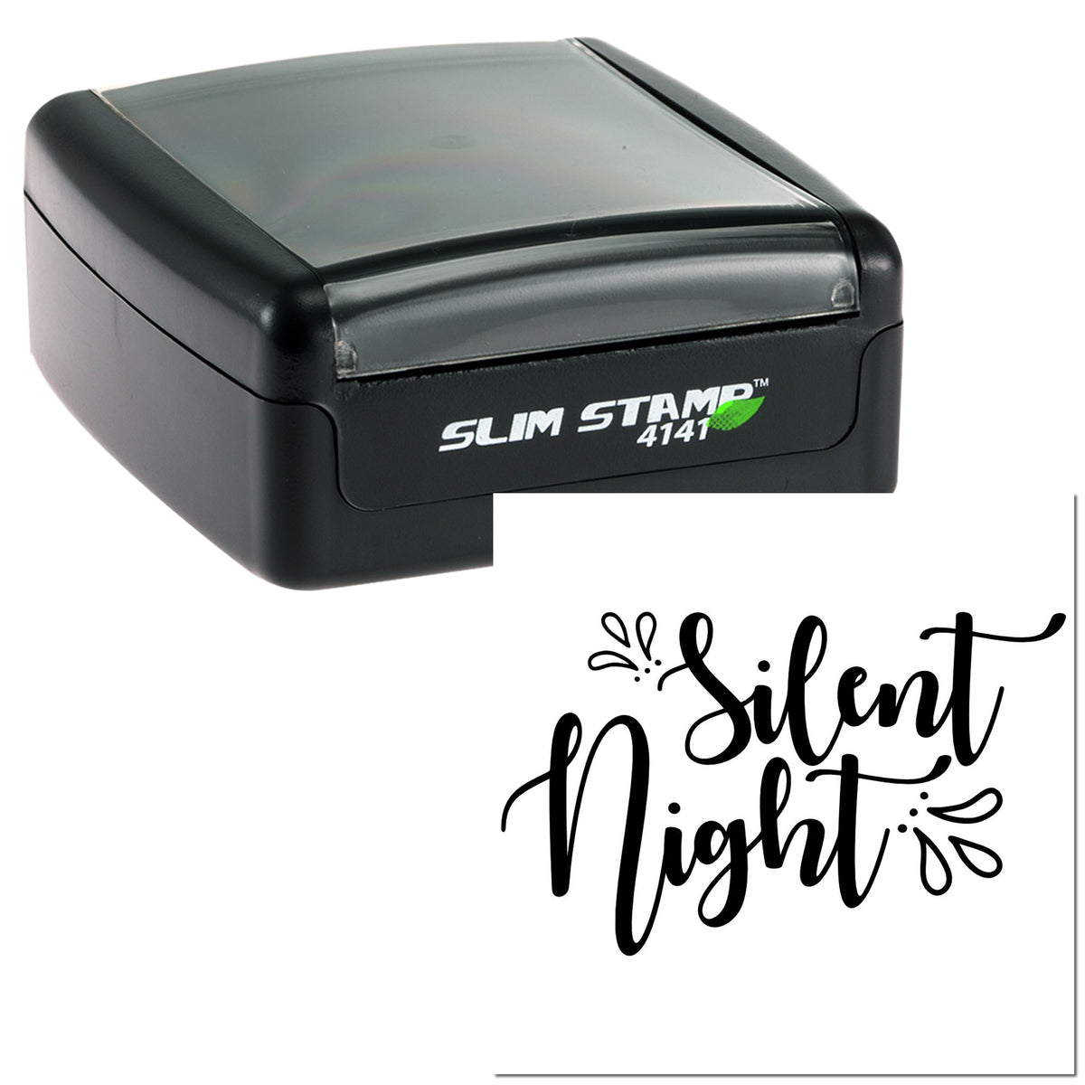 Black slim self-inking stamp and white seal featuring Silent Night script in black.