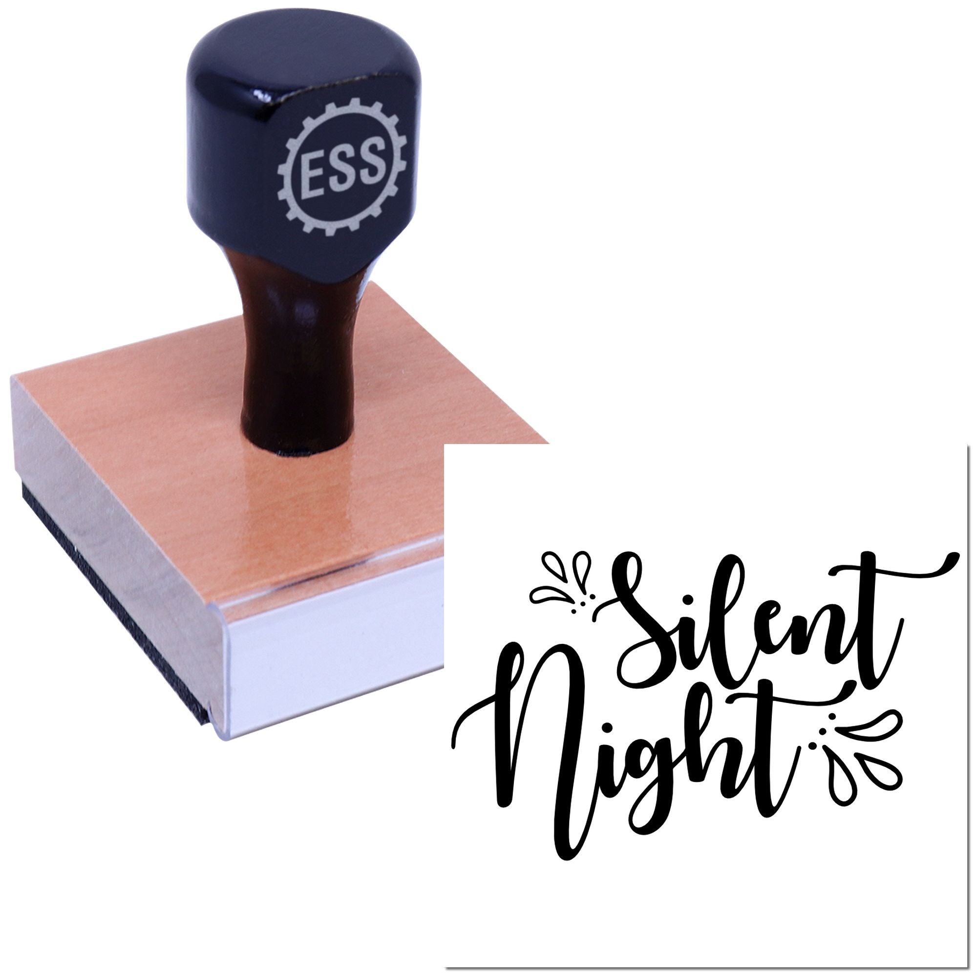 Dark navy ESS rubber stamp on wooden base with black Silent Night seal design script