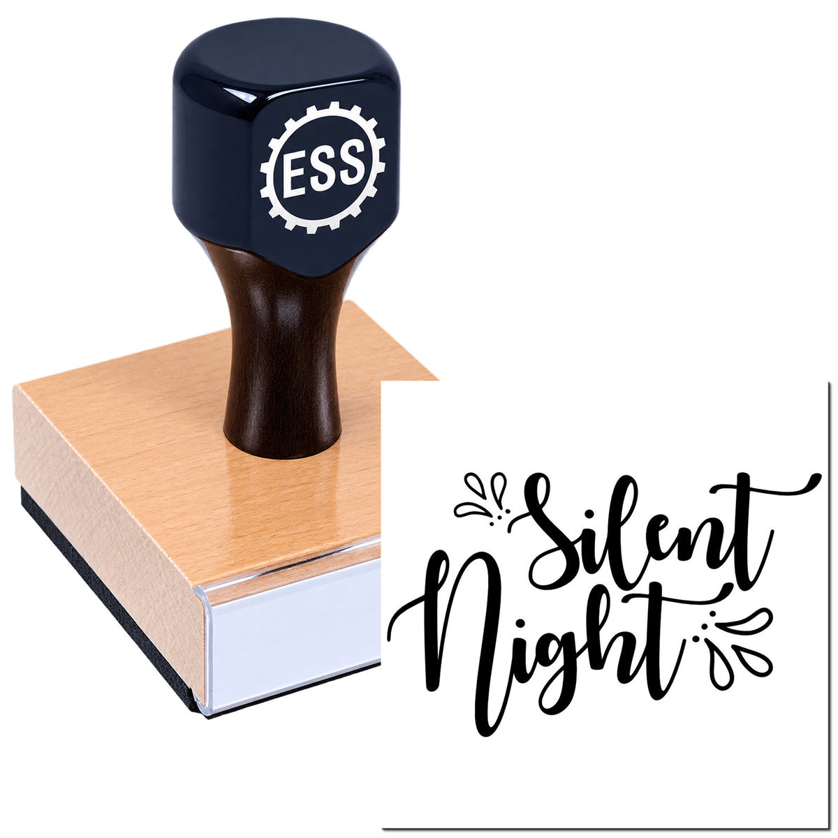 Dark navy ESS rubber stamp on wooden base with black "Silent Night" seal design script