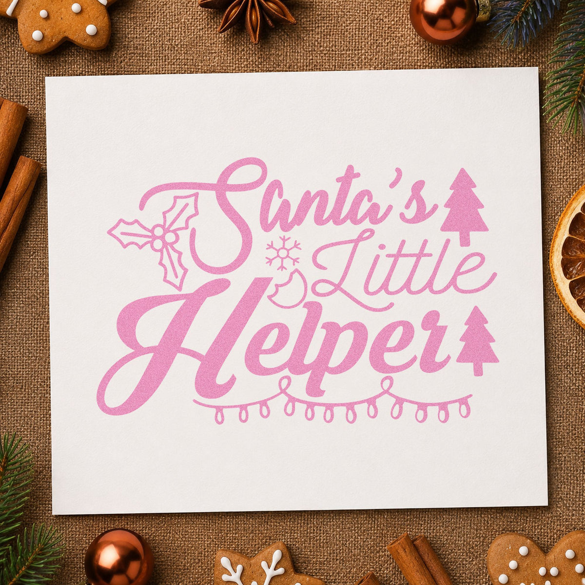 Santa's Little Helper Lights craft stamp in purple ink on cardstock, an easy option for shop crew album page.