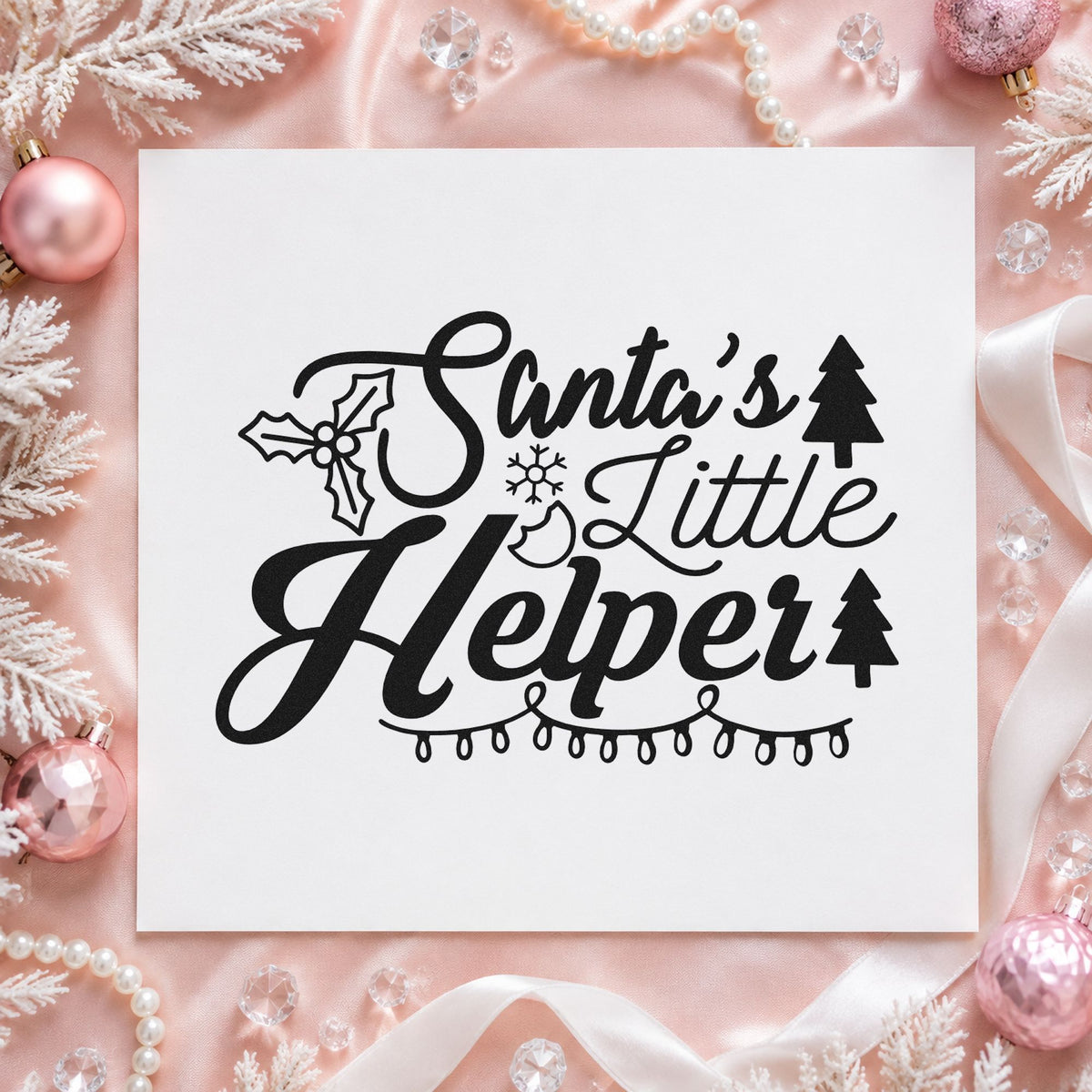 Santa's Little Helper Lights rubber stamp printed in black ink, ready for busy helper cards and similar paper crafts.