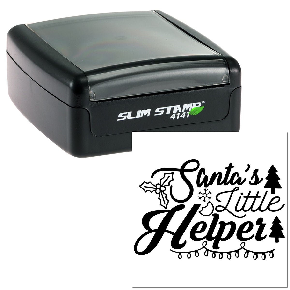 Black Slim Stamp 4141 self-inking stamp with white holiday seal design, featuring Santas Little Helper in black and green.