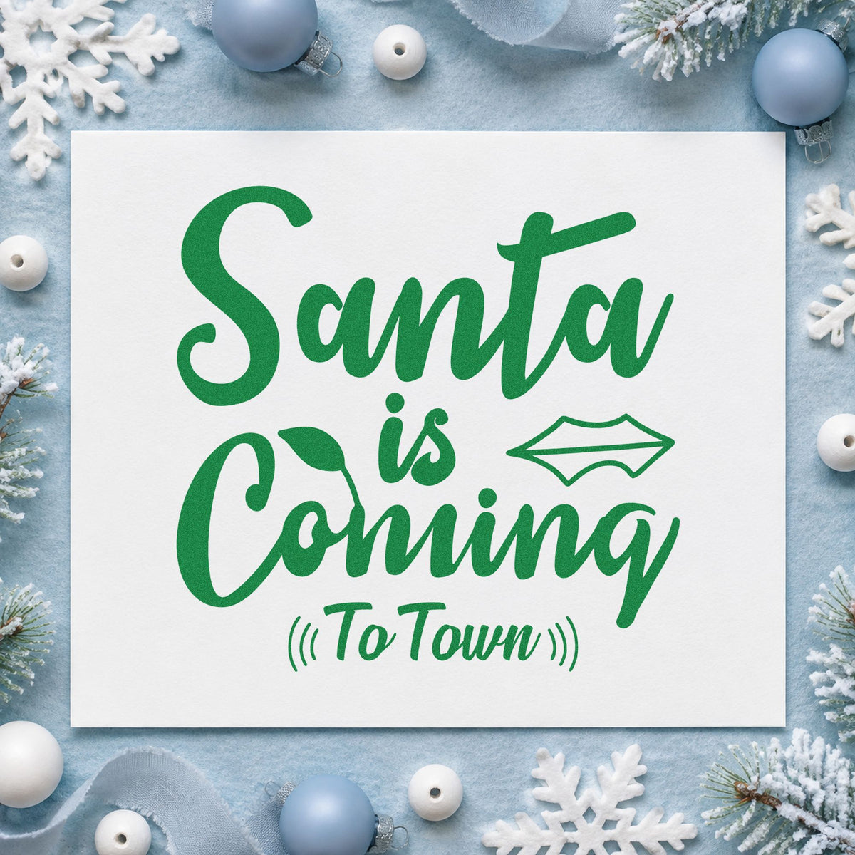 Santa Is Coming To Town craft stamp imprint in green ink on a handmade project, one idea being side note gift tags.