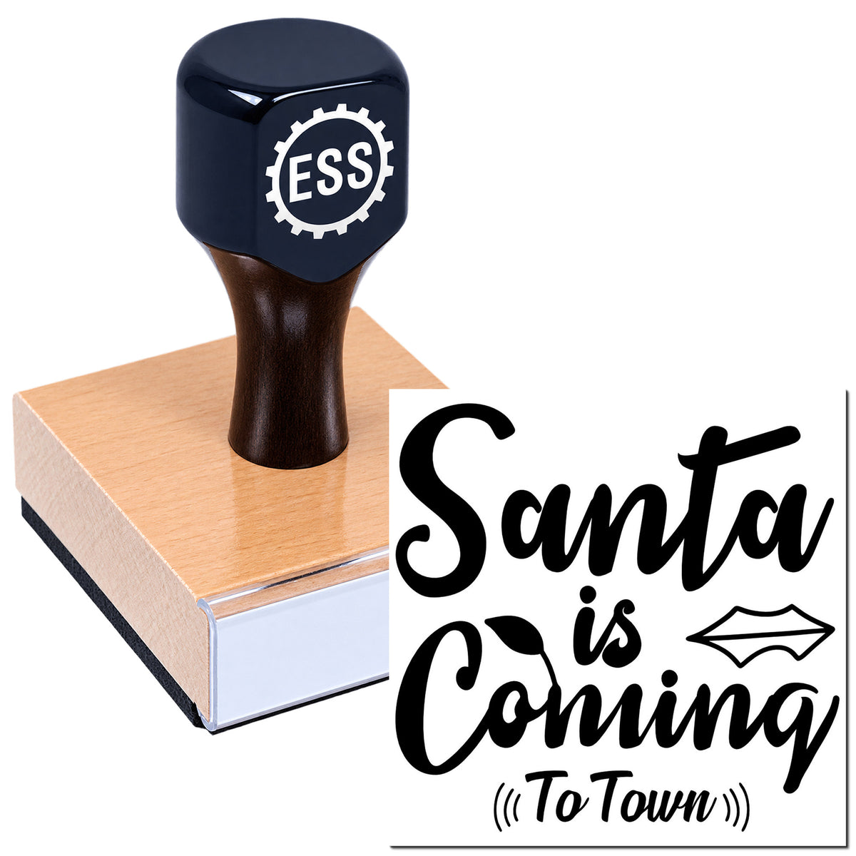 Dark blue self-inking stamp and seal on a wood block, showing an ESS gear logo and black "Santa is Coming To Town" design.