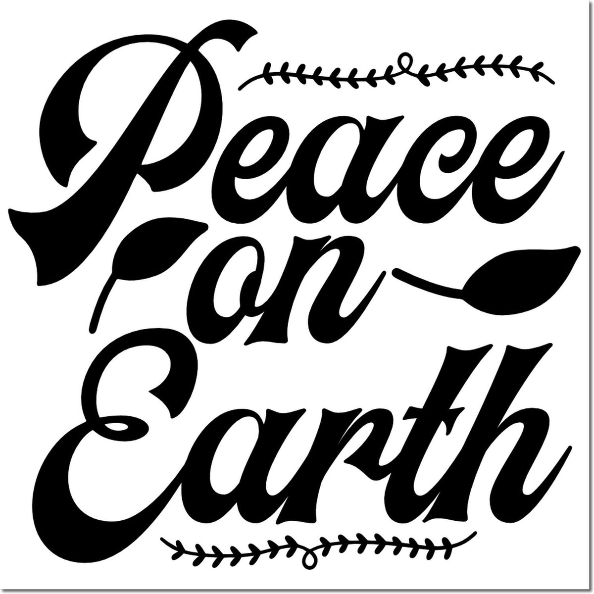 Black Peace on Earth stamp seal with decorative leafy borders on a white background.