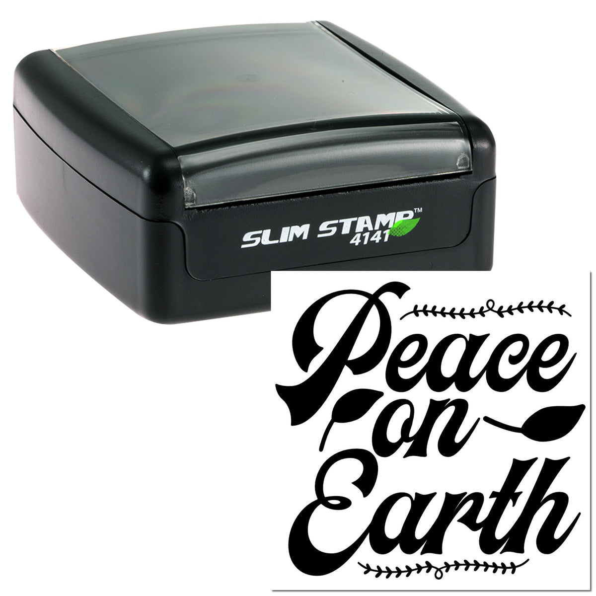 Black self-inking stamp with translucent gray lid and custom Peace on Earth seal design in black script.