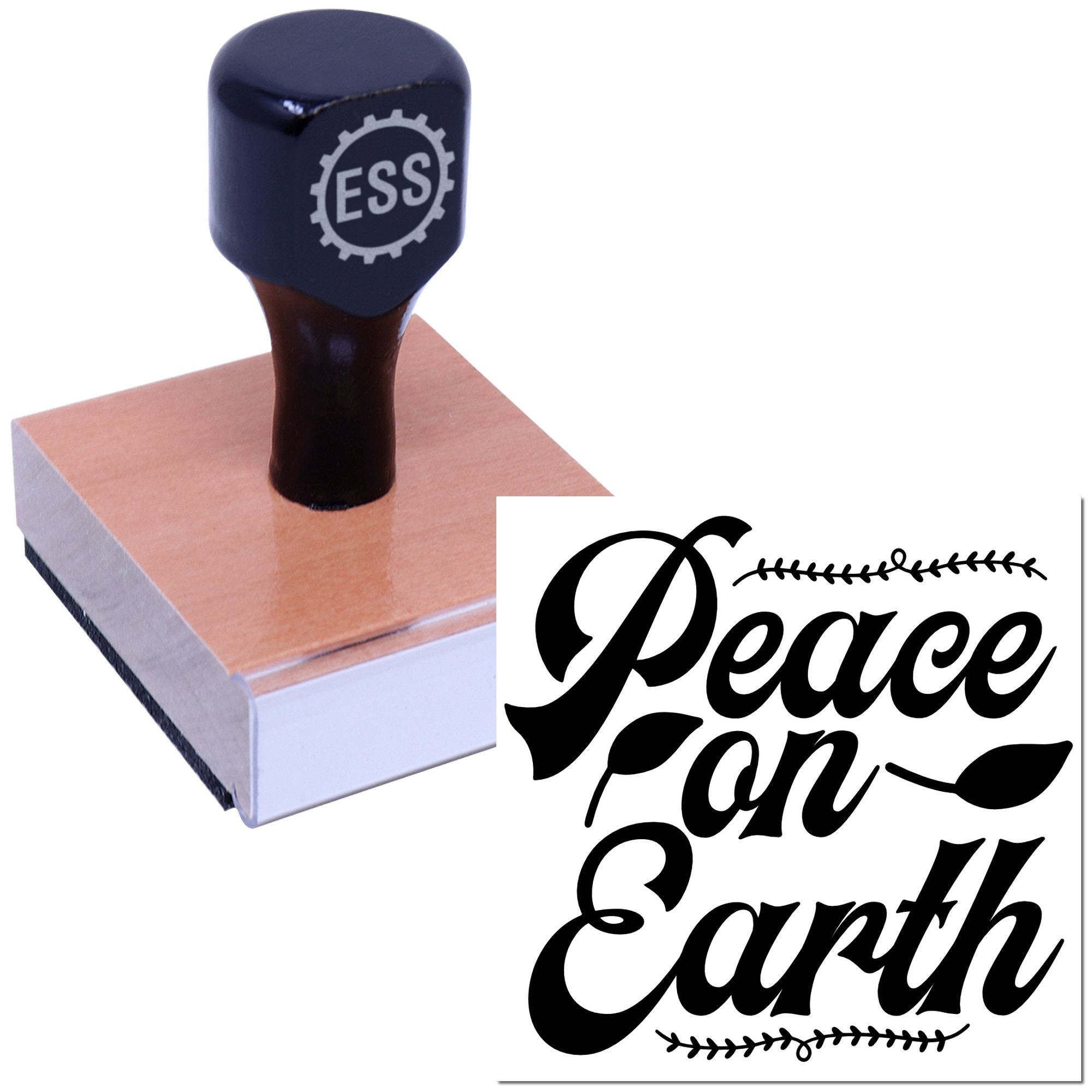 Dark blue ESSI rubber stamp on wooden block beside black Peace on Earth decorative seal design.