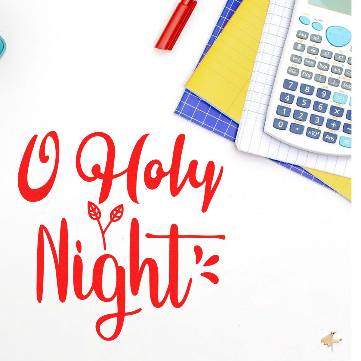 Red Holy Night stamp seal design with festive lettering, notebooks, calculator, and pen on a white background.