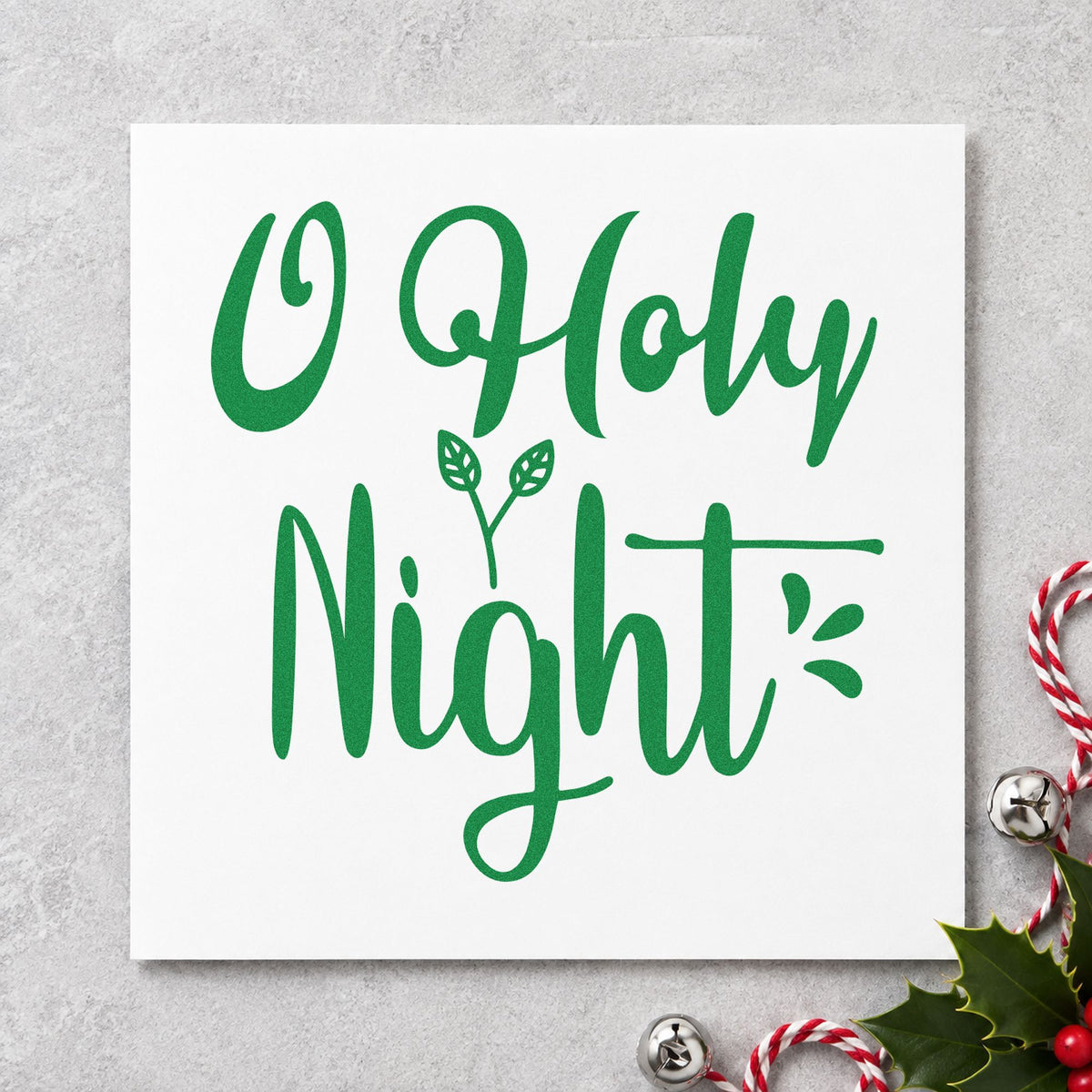 O Holy Night Leaves craft stamp imprint in green ink on a handmade project, one idea being prelude order cards.