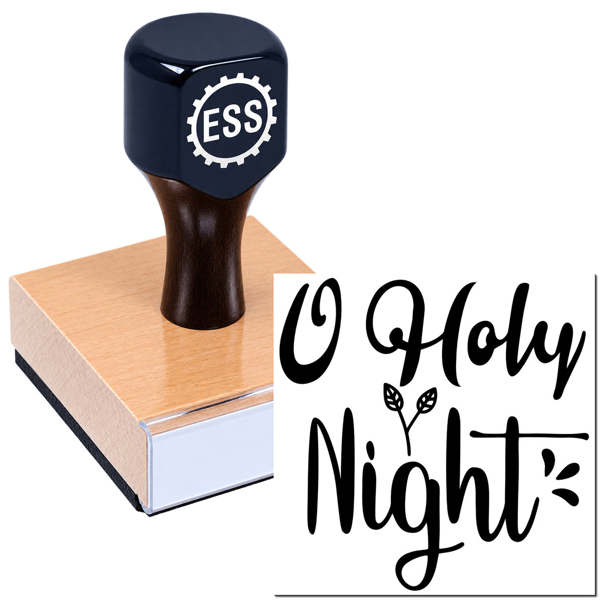 Dark blue ESS stamp and seal on a wooden block, with black "Holy Night" decorative script on white.
