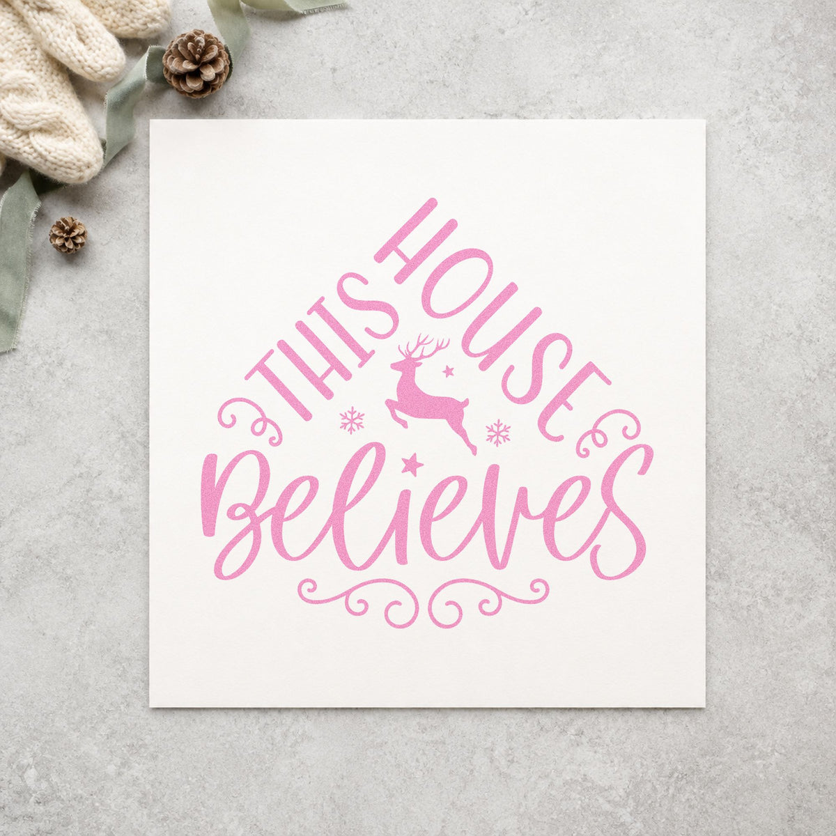 This House Believes Reindeer craft stamp in purple ink on cardstock, an easy option for home album page.