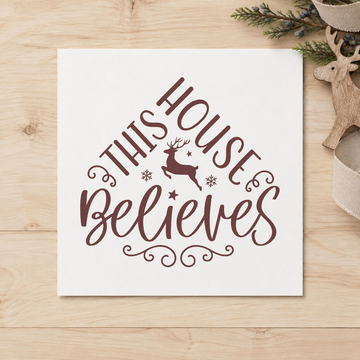 This House Believes Reindeer rubber stamp printed in brown ink, ready for rules list sheet and similar paper crafts.