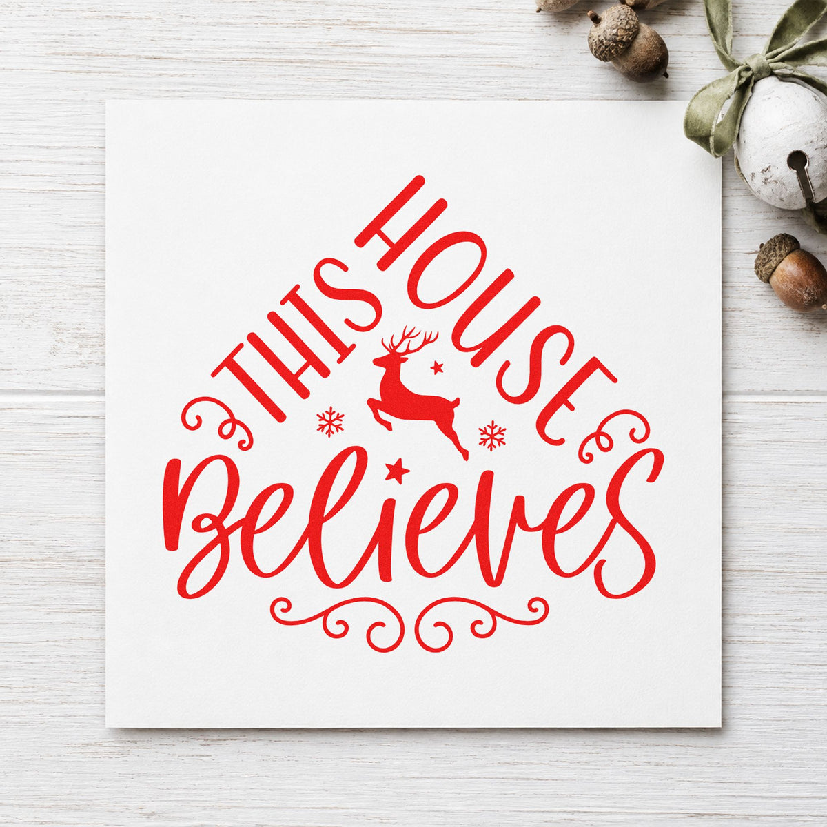 This House Believes Reindeer craft stamp in red ink on cardstock, an easy option for pillow front printing.