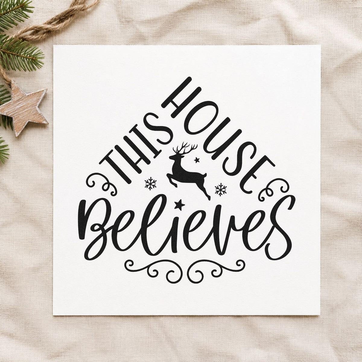 This House Believes Reindeer rubber stamp printed in black ink, ready for house shape cards and similar paper crafts.
