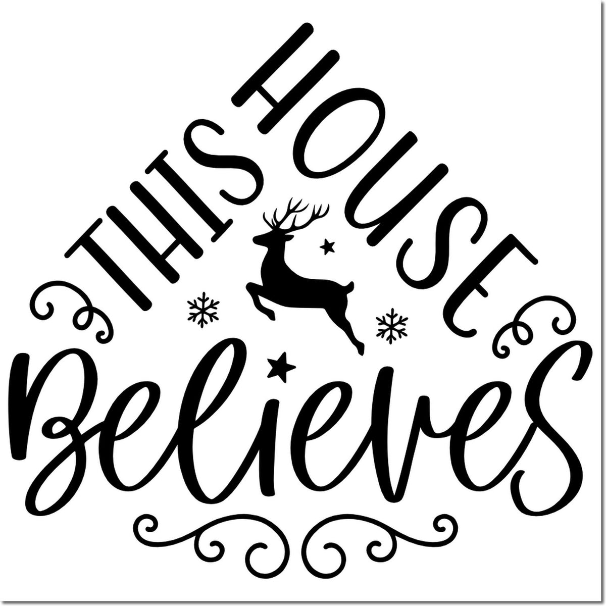 Black decorative stamp seal with This guy believes, reindeer silhouette, snowflakes, and ornate swirls.