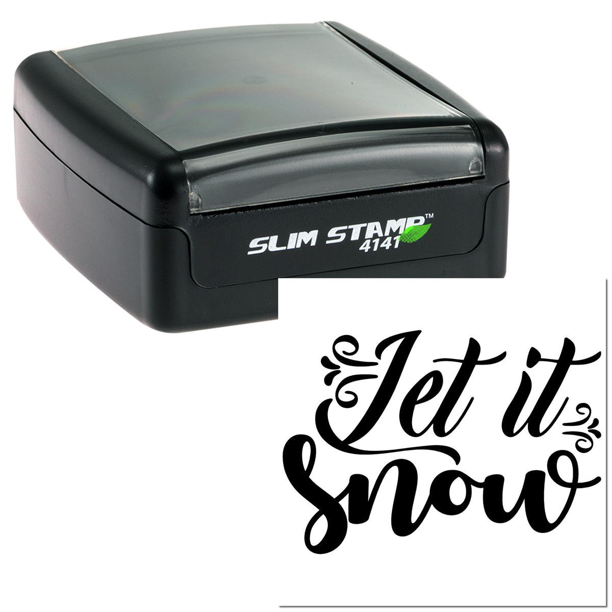 Black slim self-inking stamp with custom Let it snow decorative seal on white background.