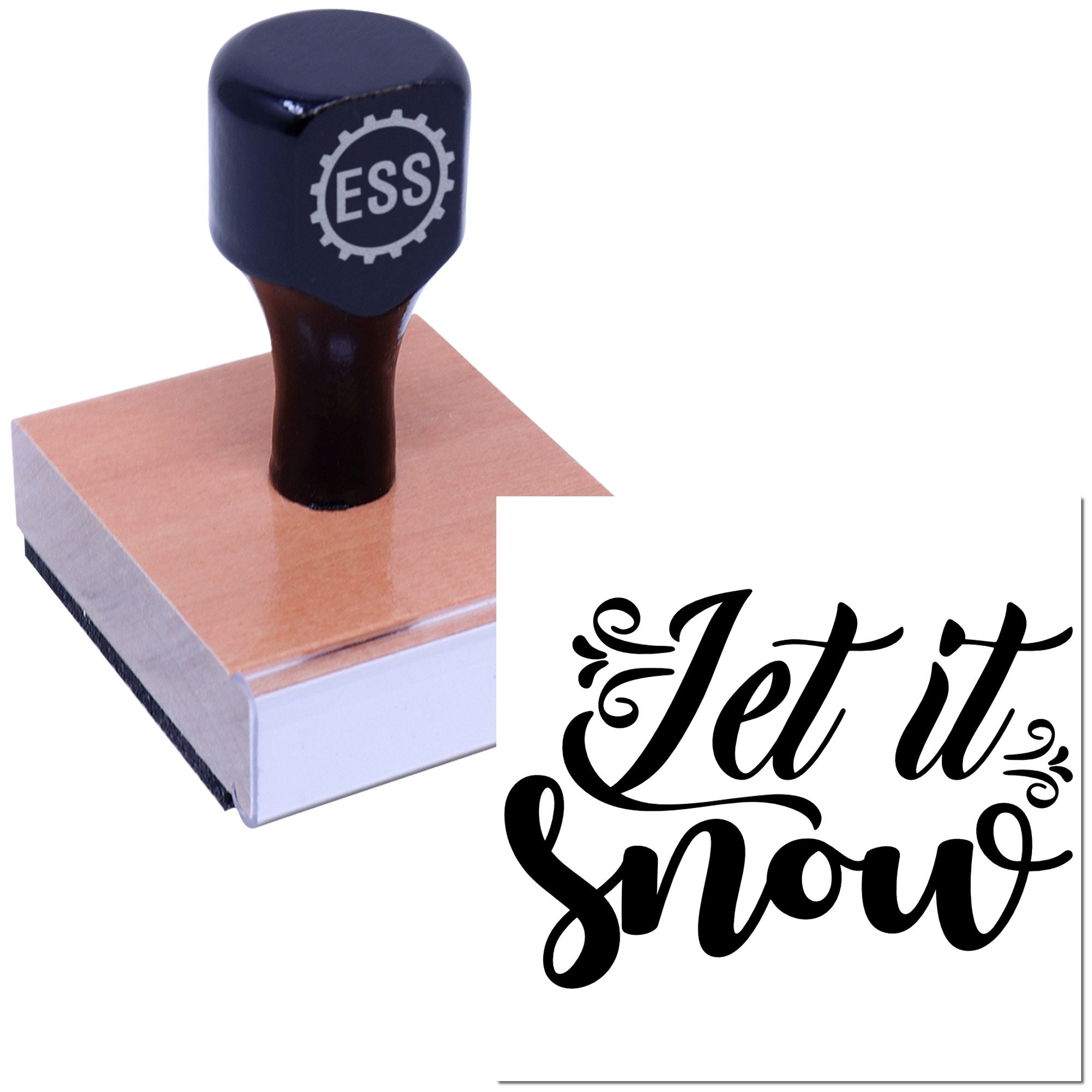 Dark blue custom rubber stamp on wood block with black Let it Snow decorative seal design.