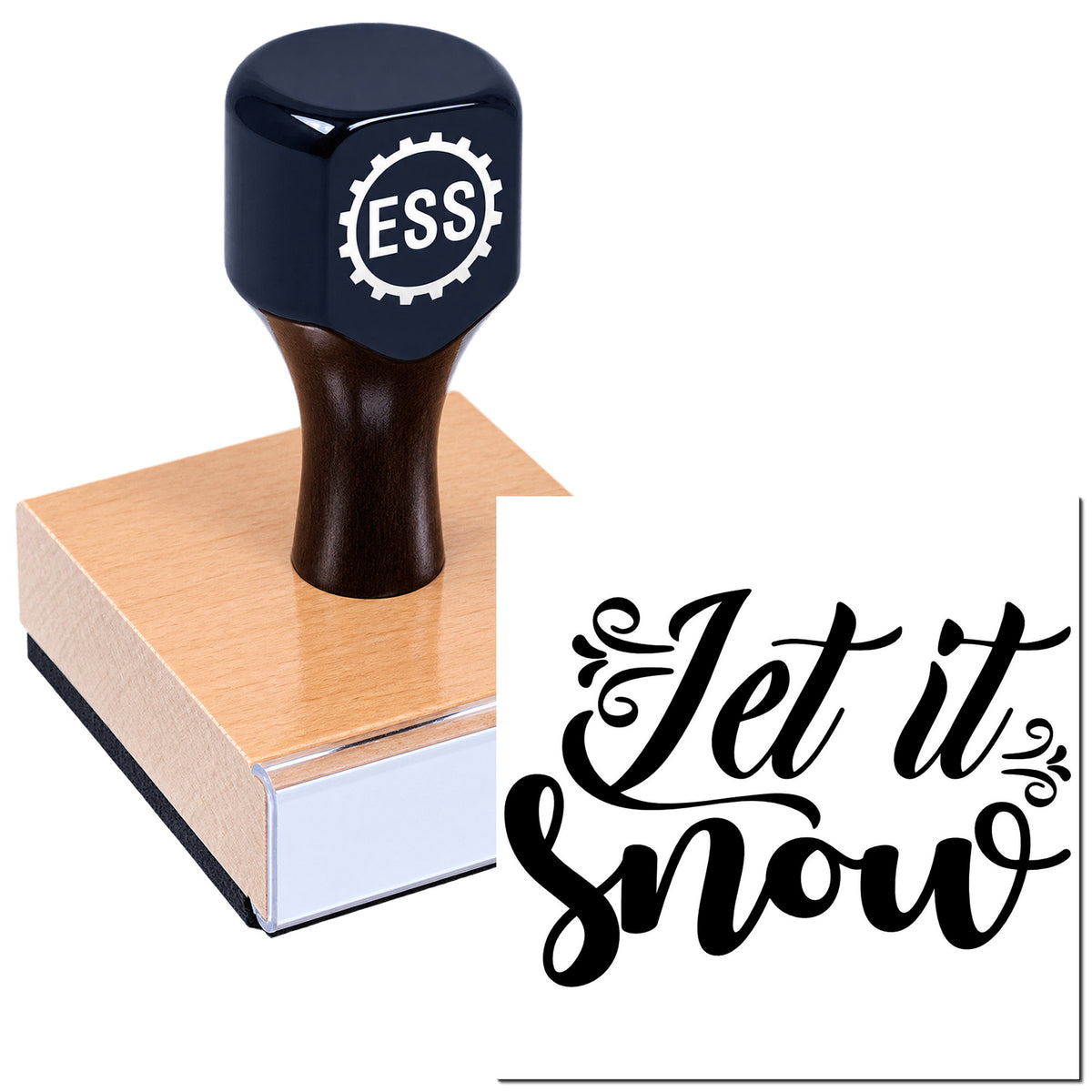 Dark blue custom rubber stamp on wood block with black "Let it Snow" decorative seal design.