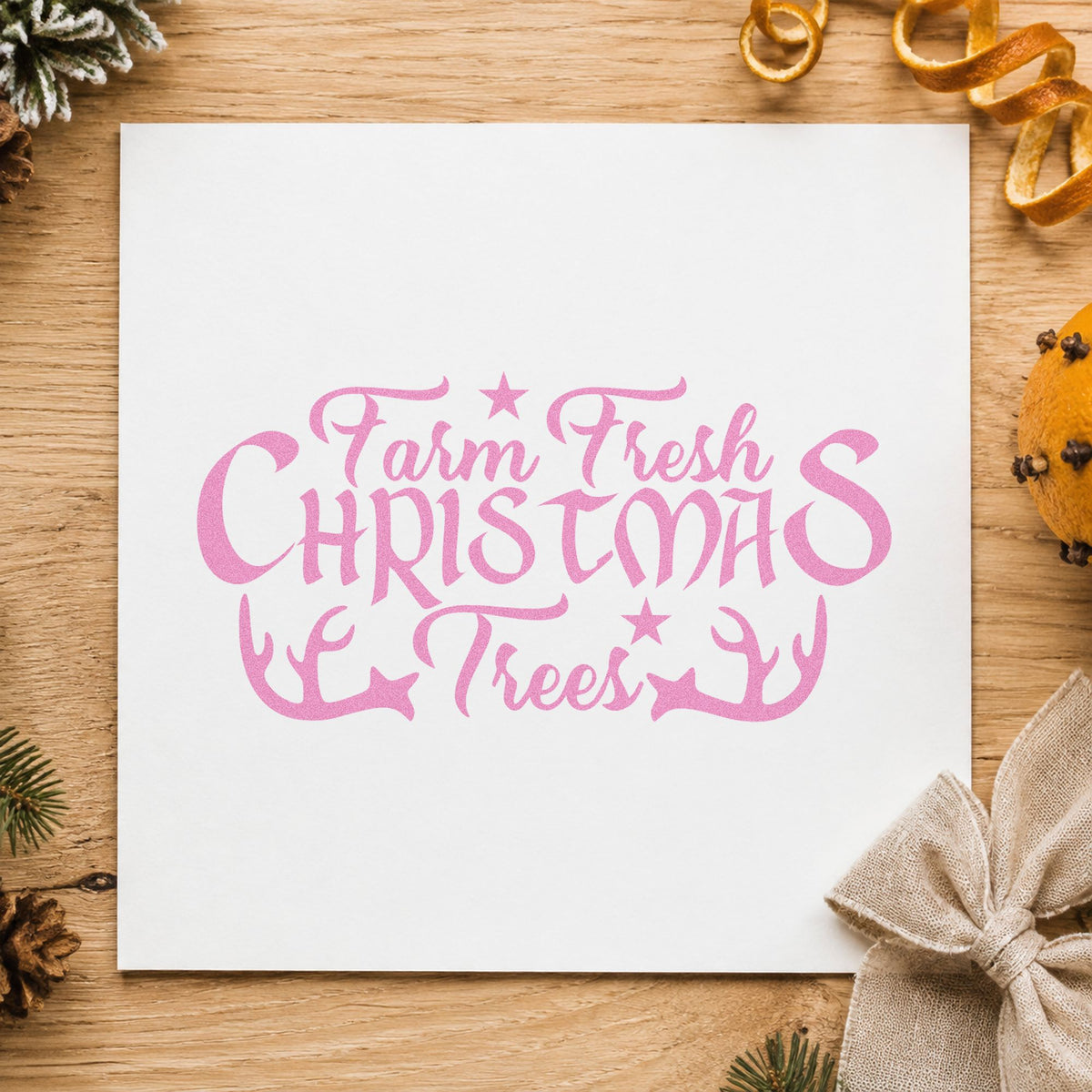 Farm Fresh Christmas Trees Antlers craft stamp in purple ink on cardstock, an easy option for ranch album page.
