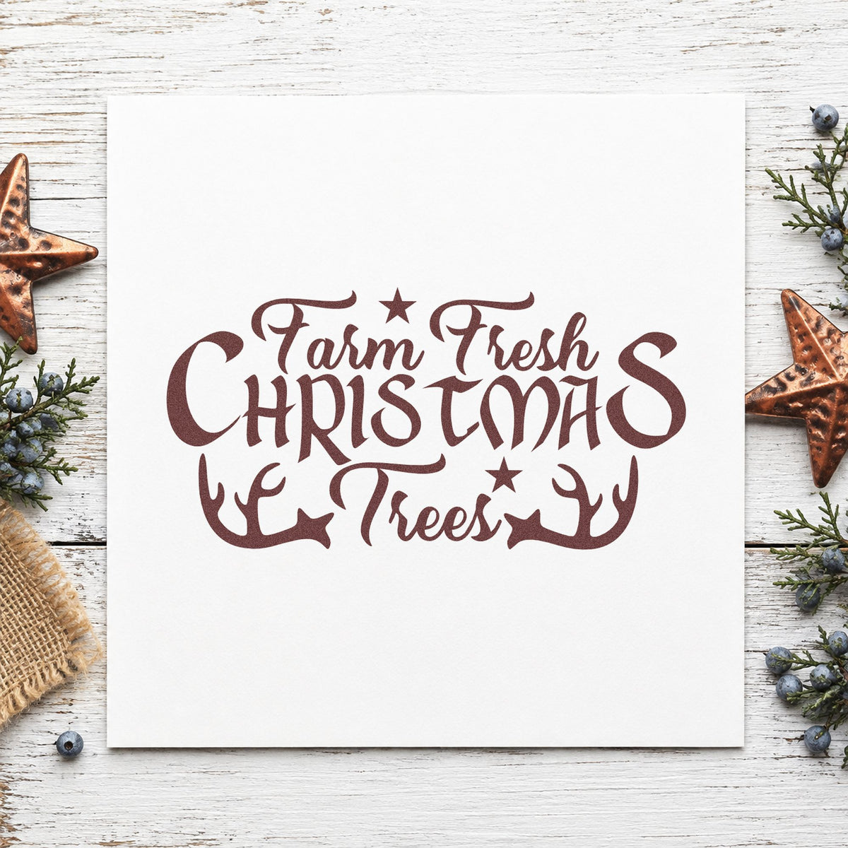 Farm Fresh Christmas Trees Antlers rubber stamp printed in brown ink, ready for herd count sheet and similar paper crafts.