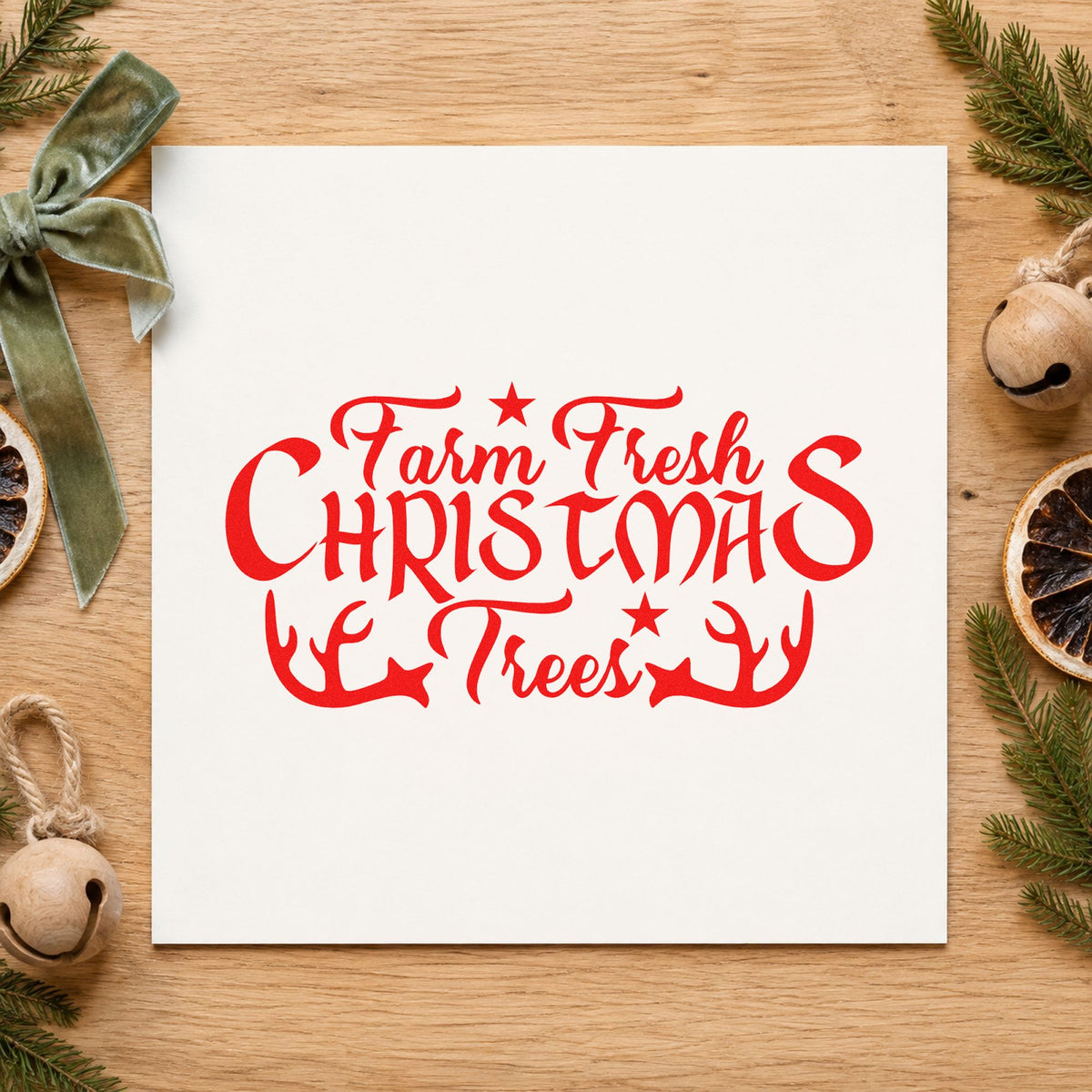 Farm Fresh Christmas Trees Antlers rubber stamp shown in red ink, stamped for projects such as feed bin labels.