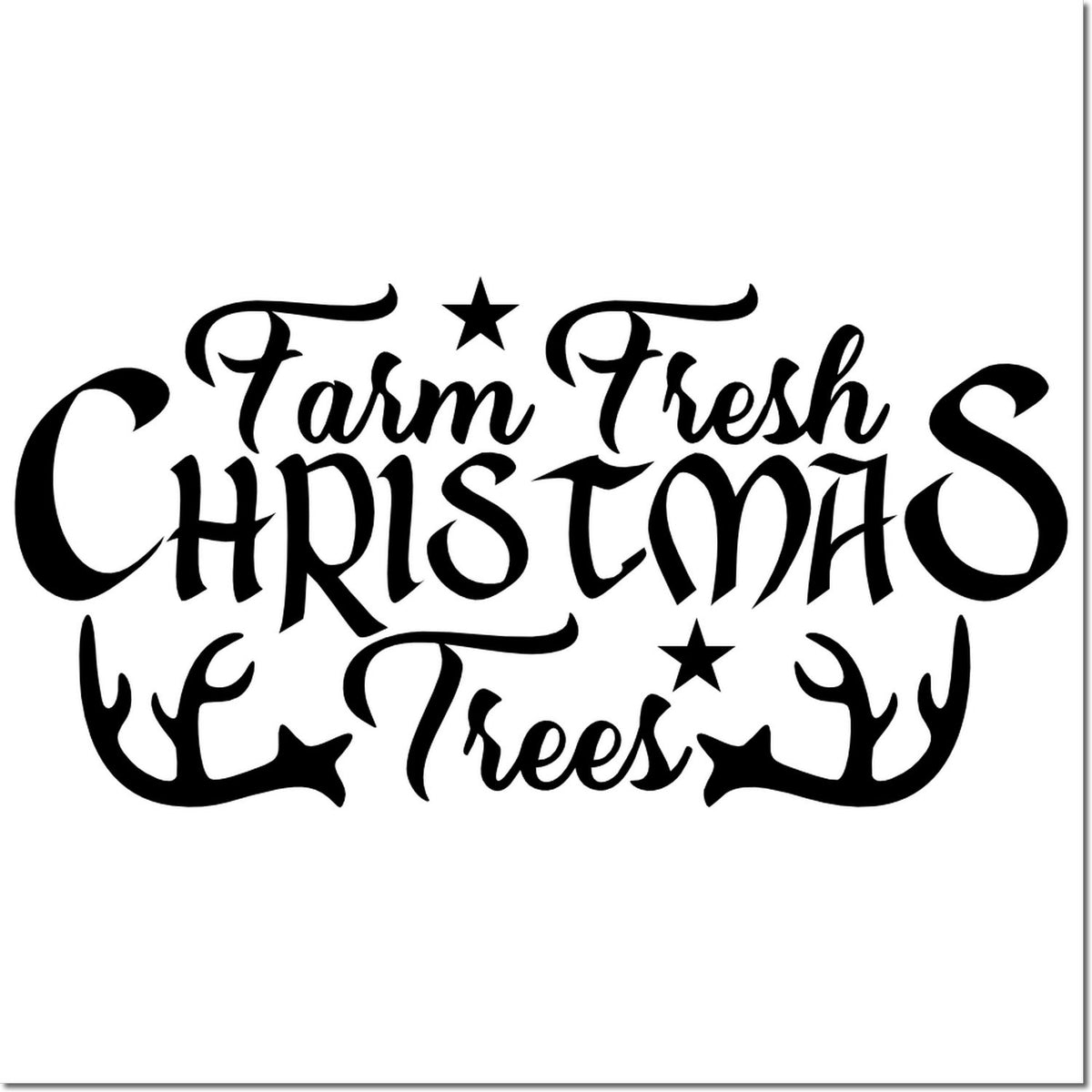 Black Farm Fresh Christmas Trees stamp seal with stars and antlers on a white background