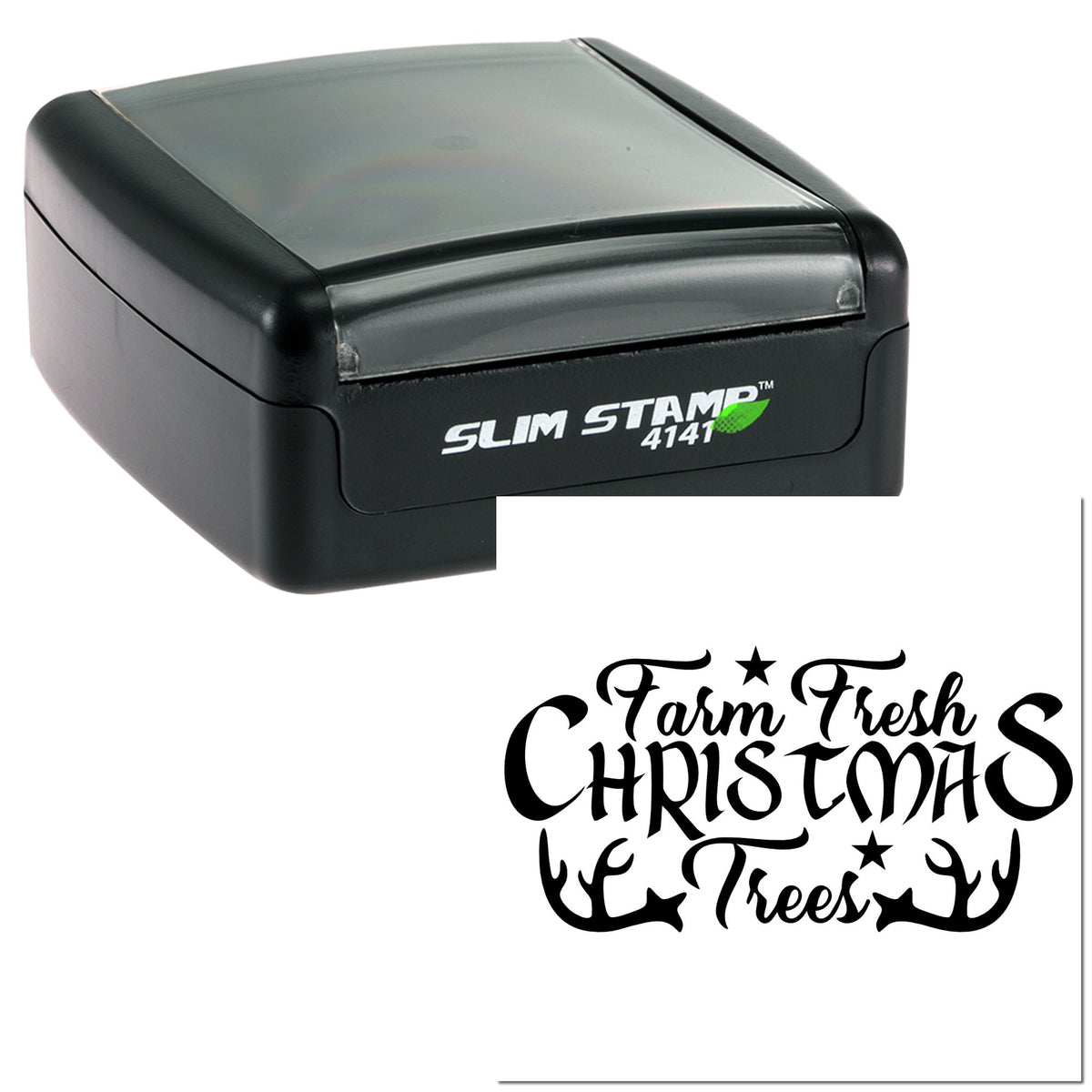Black Slim Stamp 4141 with gray lid and custom Farm Fresh Christmas Trees seal in decorative black script with stars and antlers.