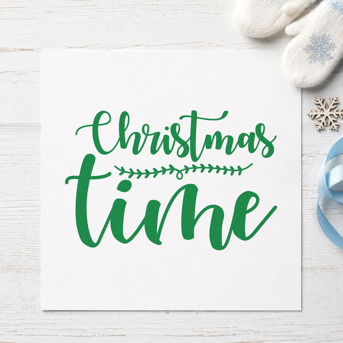 Christmas Time Leaf Divider craft stamp imprinted in green ink on paper, a design suited to framed stacked pair.