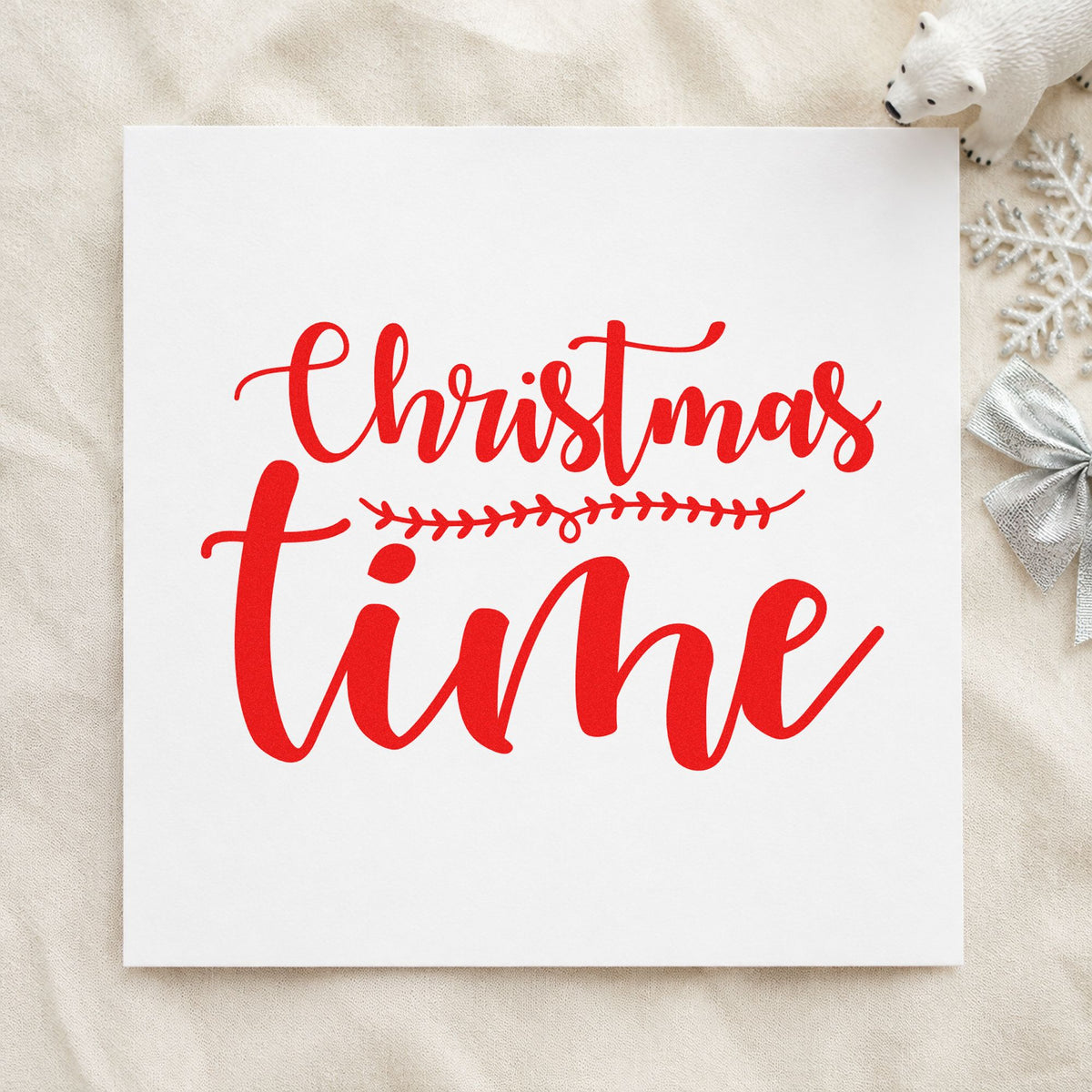 Christmas Time Leaf Divider rubber stamp shown in red ink, stamped for projects such as bin split labels.