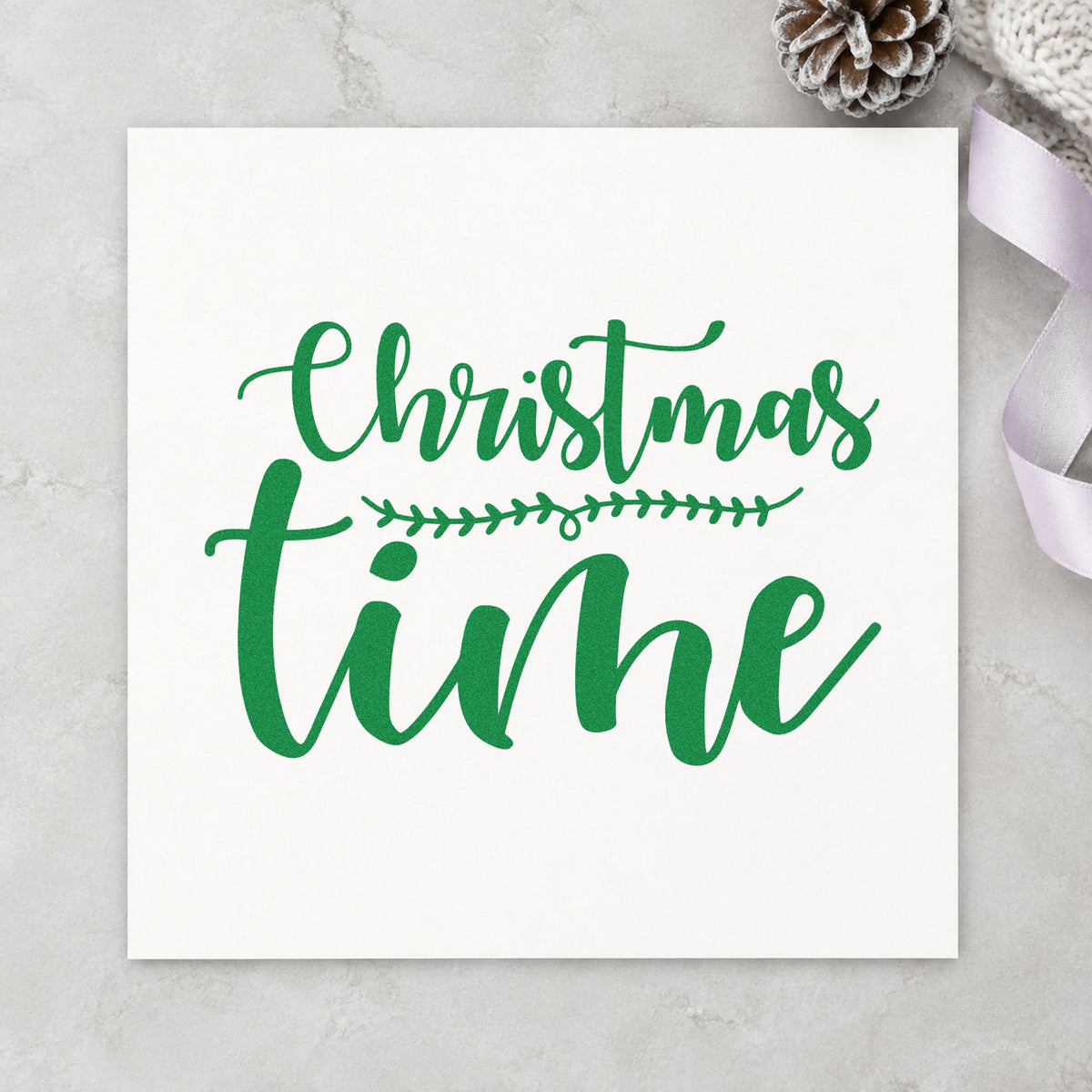 Christmas Time Leaf Divider craft stamp imprint in green ink on a handmade project, one idea being menu half cards.