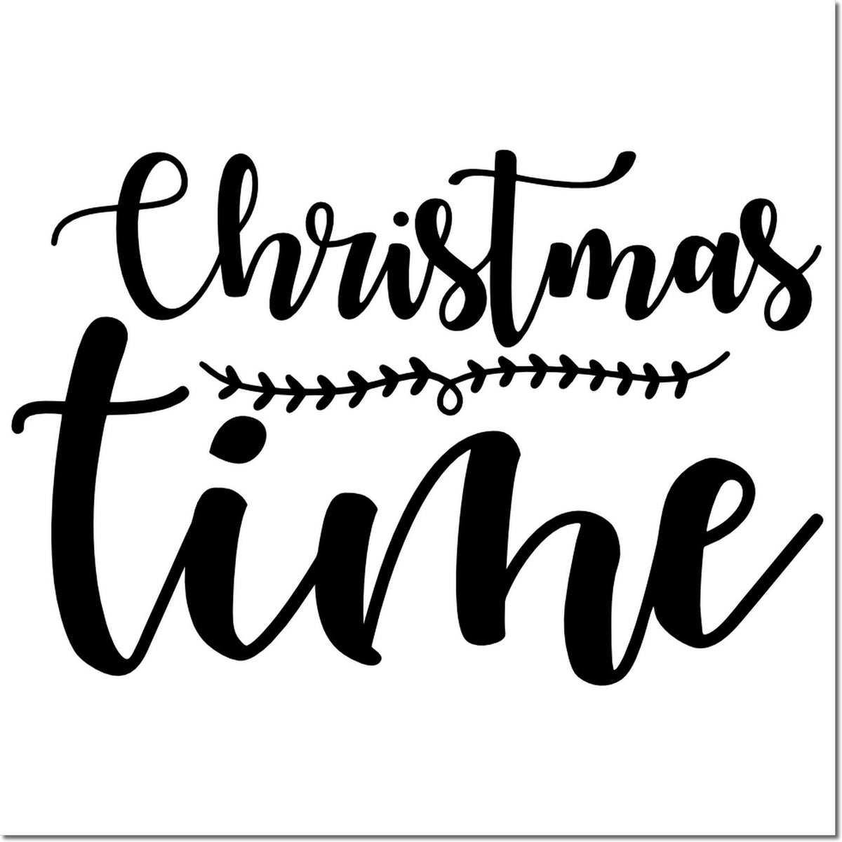 Black Christmas Time script stamp design with vine divider on white background for holiday seal products.