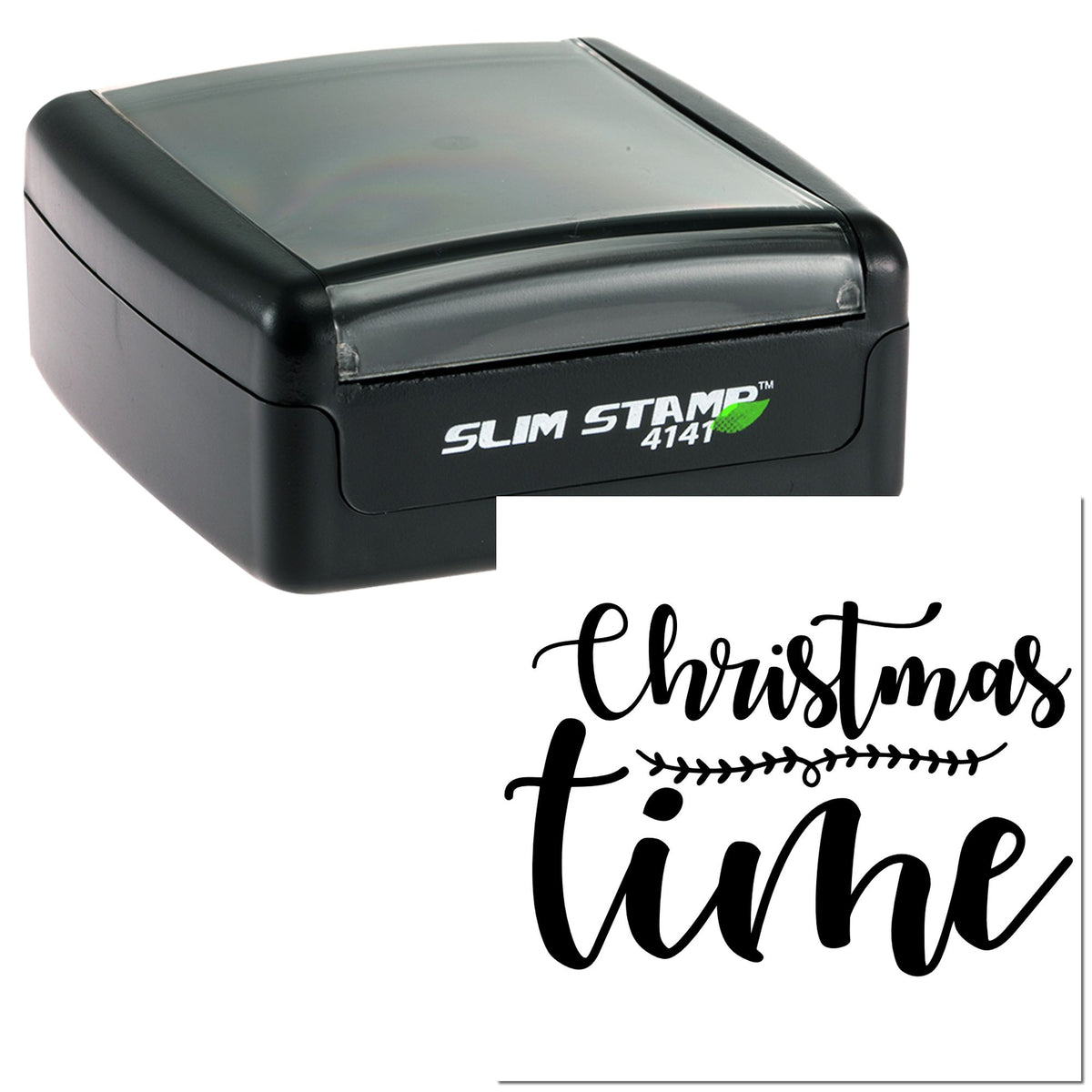 Black Slim Stamp 4141 in black with translucent gray cover and Christmas Time rubber seal design.