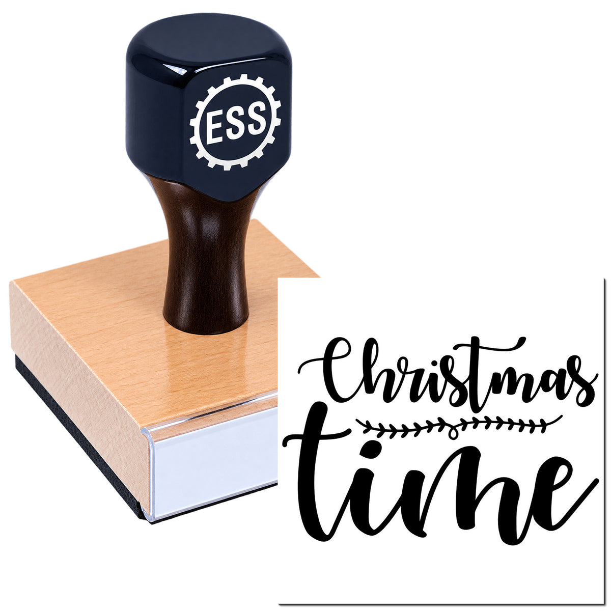 Dark blue rubber stamp with ESS logo on a copper-toned base next to a black Christmas Time seal design.