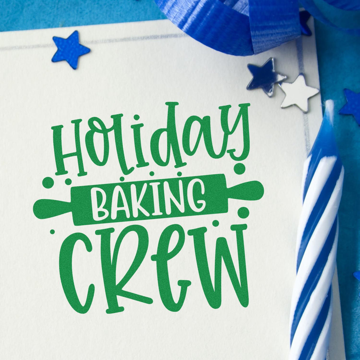 Green Holiday Baking Crew stamp and seal on white card, with blue stars and ribbon, festive baking-themed design.