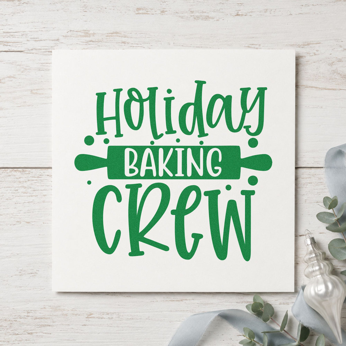 Holiday Baking Crew Rolling Pin craft stamp imprint in green ink on a handmade project, one idea being marathon day cards.