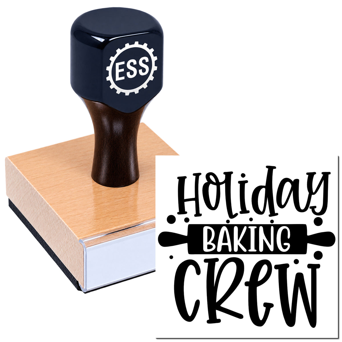 Dark navy custom rubber stamp and seal on a wood block, printing "Holiday Baking Crew" in black.