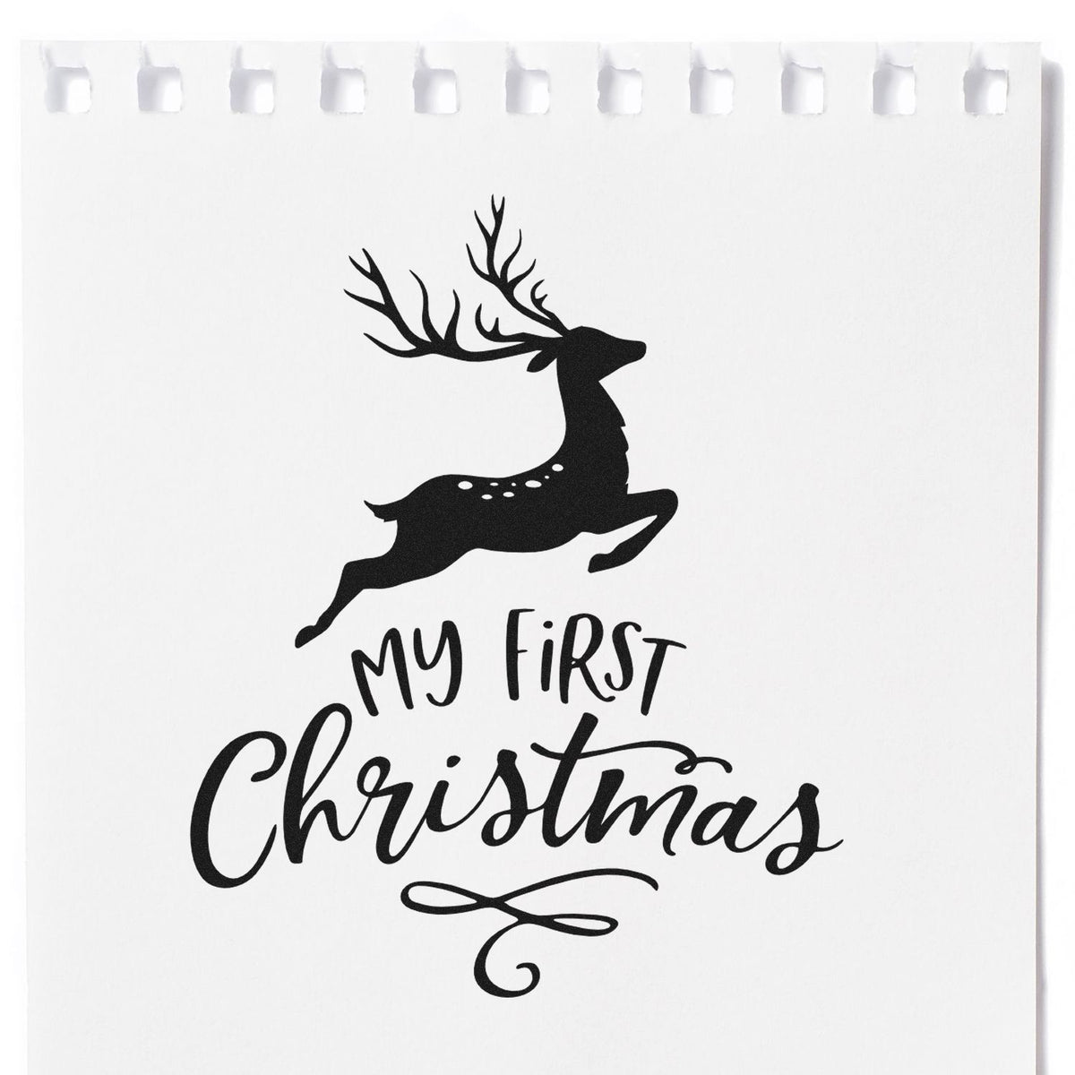 Black deer My First Christmas stamp design on white paper, with decorative swirls and dotted accents.