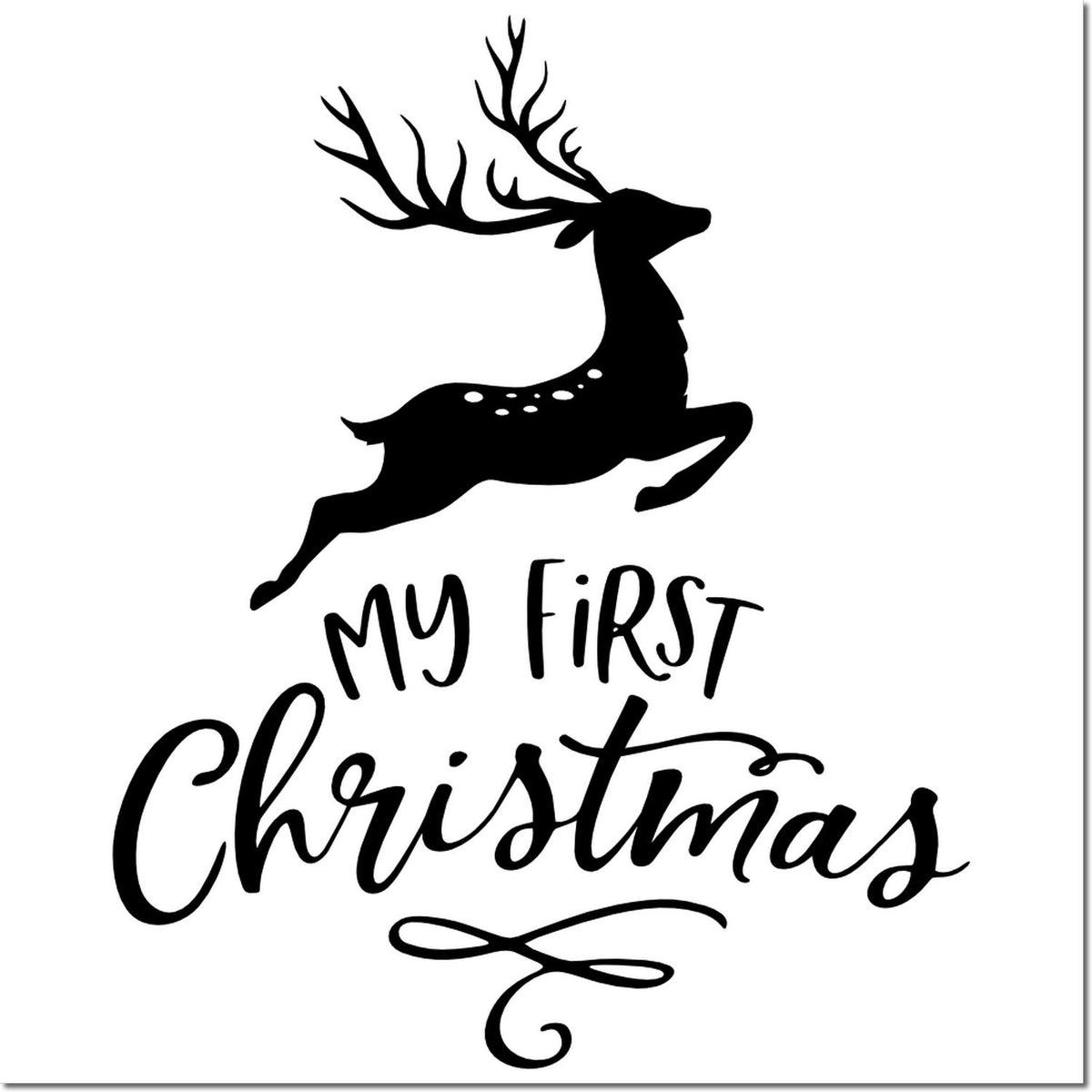 Black My First Christmas stamp and seal with leaping deer silhouette and antlers on a white background.