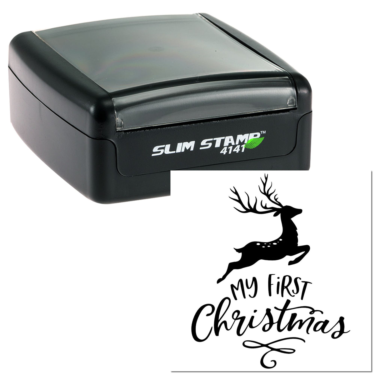 Black slim self-inking stamp with clear top and custom Christmas seal featuring deer silhouette and My First Christmas text.