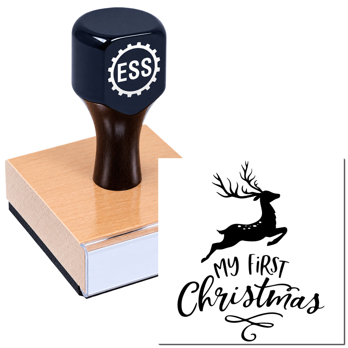 Black rubber stamp and seal set with ESS logo, featuring a deer silhouette and "My First Christmas" design on a white background.
