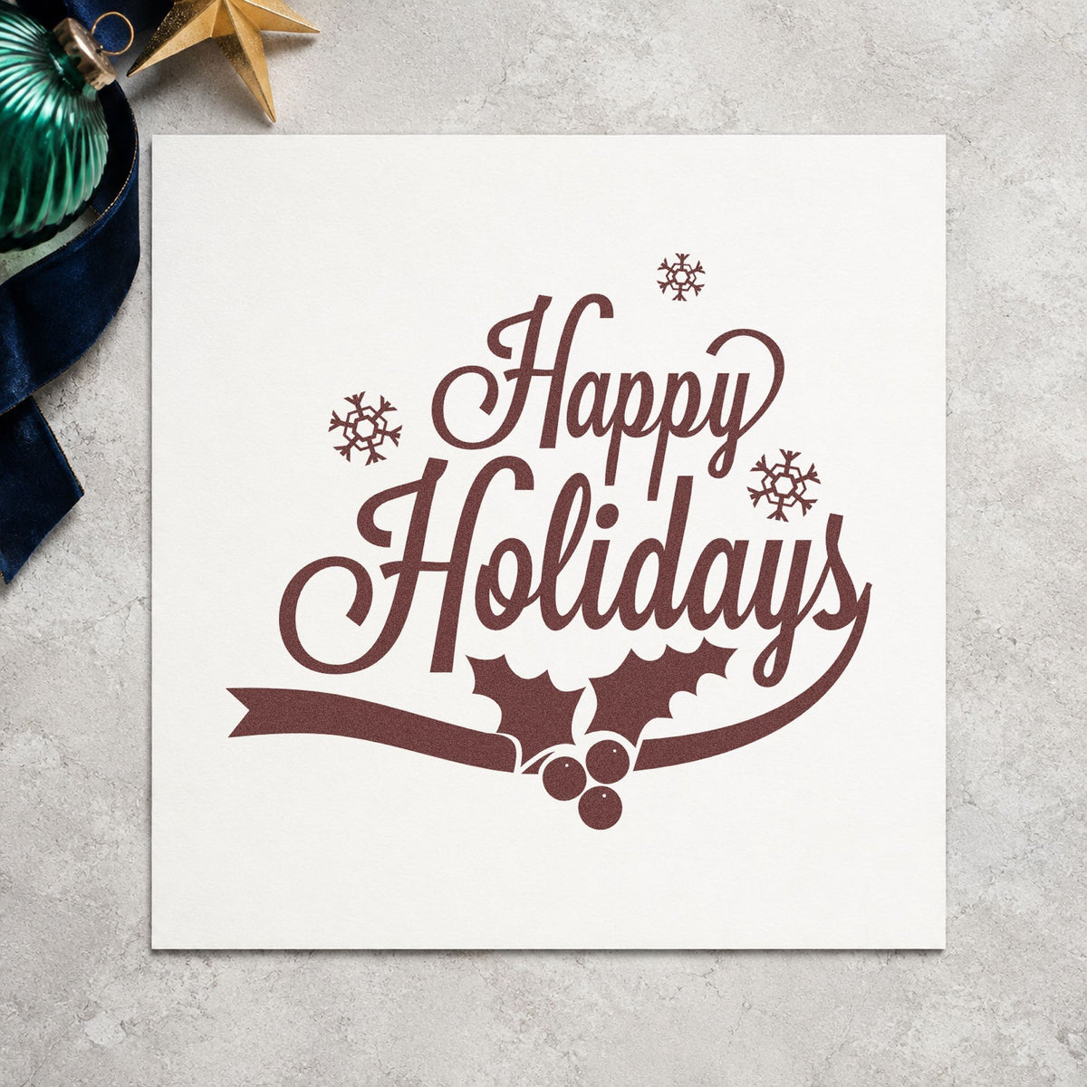 Happy Holidays Holly Ribbon rubber stamp printed in brown ink, ready for trim stock sheet and similar paper crafts.
