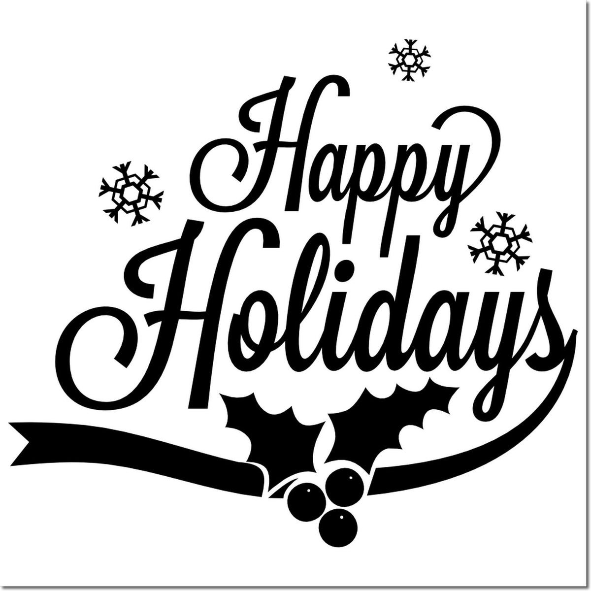 Black Happy Holidays stamp/seal with snowflakes, holly leaves, berries and ribbon on white background.