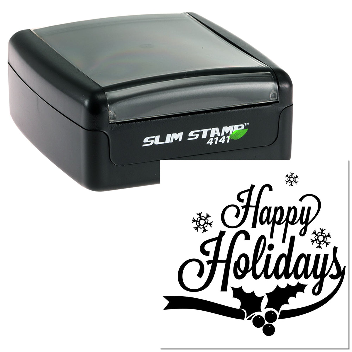 Black slim self-inking stamp with Happy Holidays seal, snowflakes, holly leaves and berries on white