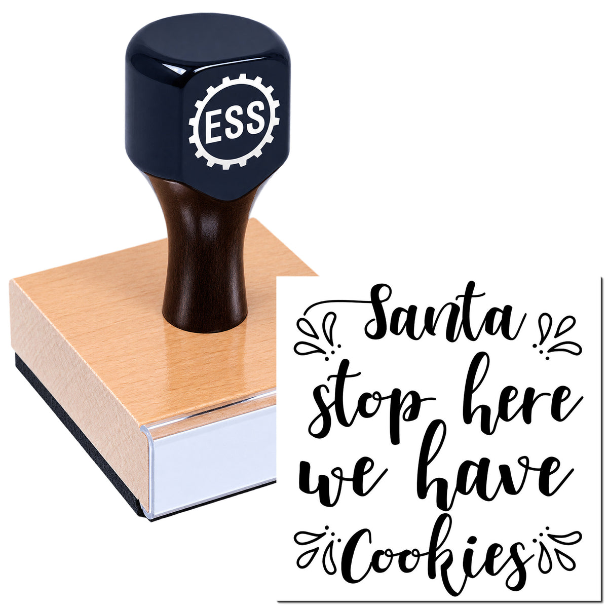 Dark navy ESS rubber stamp on a wooden block with black "Santa stop here, we have cookies" seal design