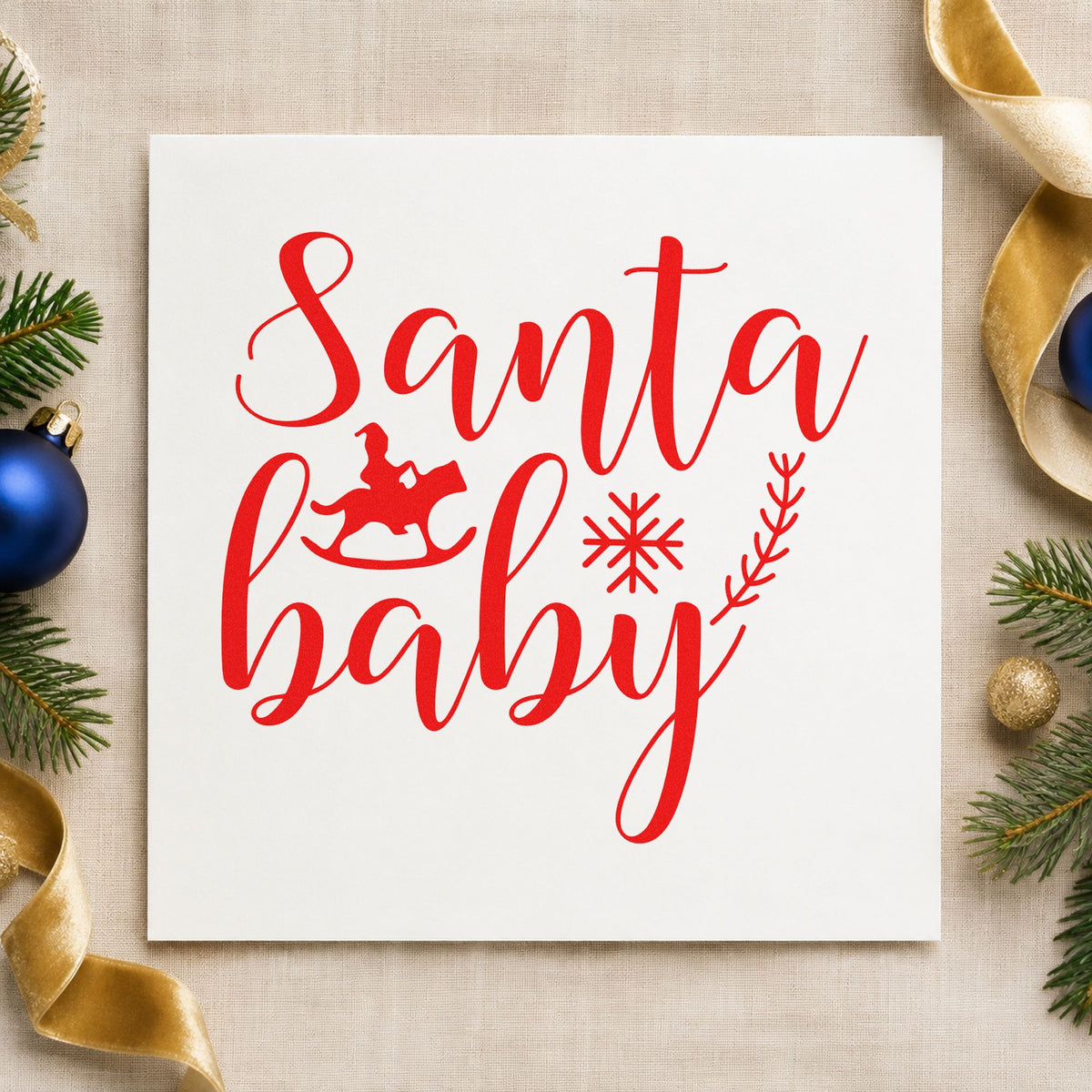 Santa Baby Rocking Horse rubber stamp shown in red ink, stamped for projects such as bin sort labels.