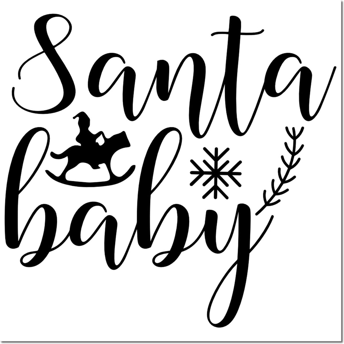 Black Santa baby stamp design with rocking horse, snowflake, and pine branch on white background.
