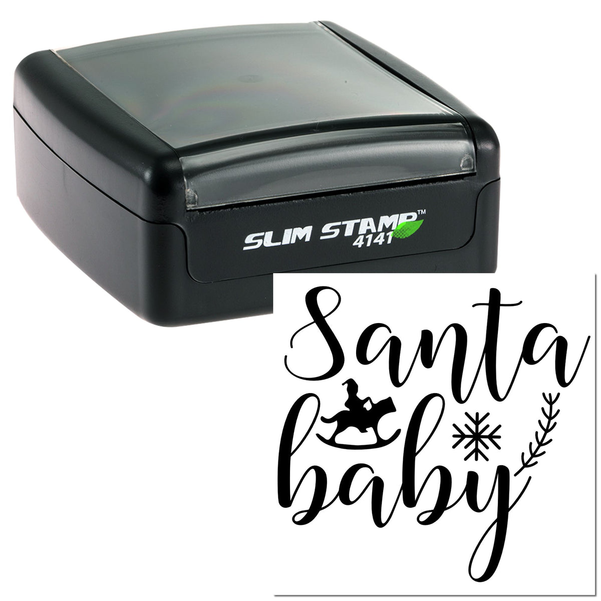 Black Slim Stamp self-inking seal with clear cap, featuring a Santa baby holiday stamp design in black script.
