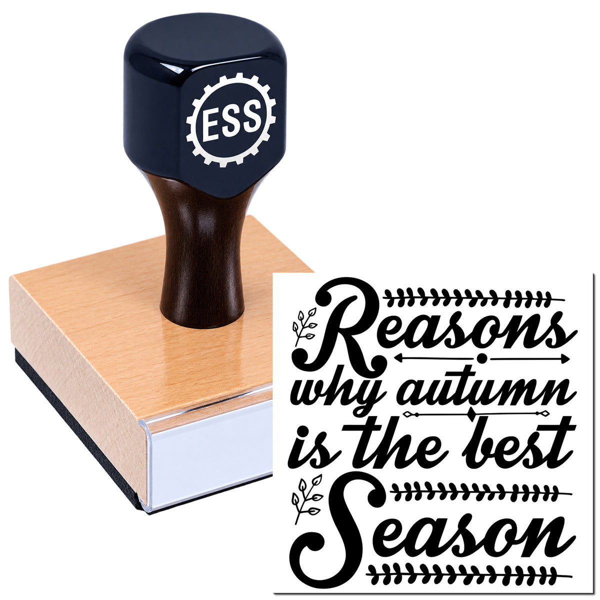 Dark navy ESS stamp and seal product on pink block with black "Reasons why autumn is the best" script and leaf motifs.