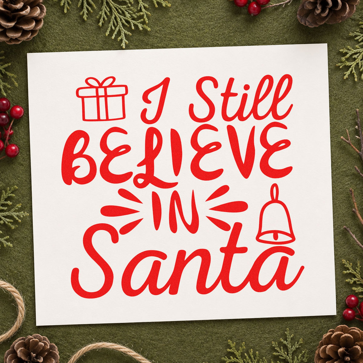 I Still Believe In Santa craft stamp in red ink on cardstock, an easy option for throw pillow ink.